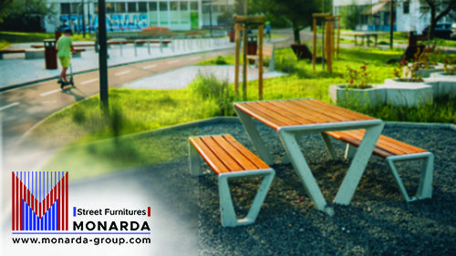 Sets of outdoor benches and tables for a picnic