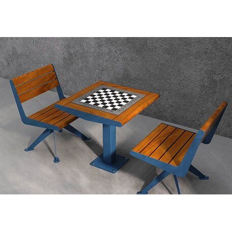 Metalinis šachmatų stalas su dviem sėdimomis kėdėmis su atlošu, pagamintomis iš Iroko medienos 'Premium / STF/002208/MDL'