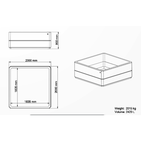 Kvadratinis betoninis vazonas – gėlinė, padengta smulkia granito skaldele 'Premium / 200x200xH/80cm_BS-323'