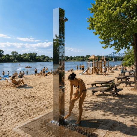 Doccia da spiaggia 3-in-1 in acciaio inox – doccia per il corpo, fontanella di acqua potabile e lavapiedi 'Pacific Shower H/2500mm'