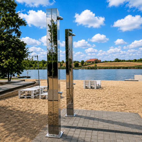 Doccia da spiaggia 3-in-1 in acciaio inox – doccia per il corpo, fontanella di acqua potabile e lavapiedi 'Pacific Shower H/2500mm'