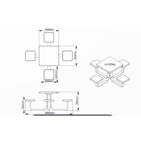 Betoninis pikniko stalas su keturiomis sėdimomis vietomis, šlifuotu terrazzo paviršiumi 'Premium / 190x190xH/75cm / BS-424'
