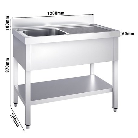 Tavolo in acciaio inox lungo 120cm con lavello (60x50x30cm) e ripiano, profondo 700mm