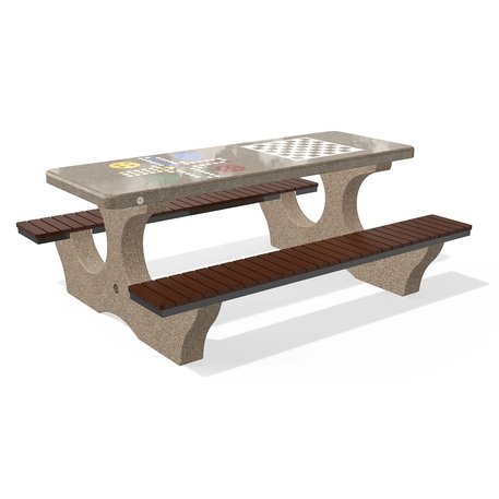 Betoninis šachmatų žaidimo stalas su suolais, šlifuotu terrazzo paviršiumi ir medinėmis sėdimomis dalimis 'Premium / 190x148xH/74cm / BS-115'