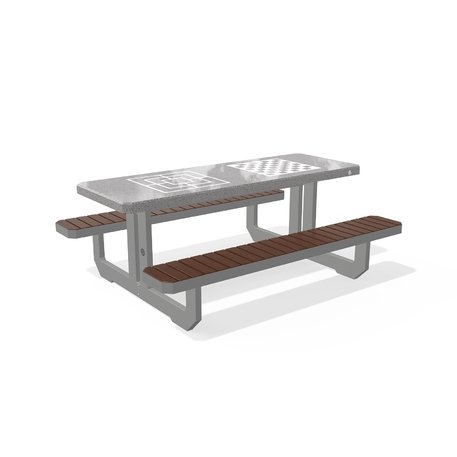 Betoninis šachmatų žaidimo stalas su suolais, šlifuotu terrazzo paviršiumi ir medinėmis sėdimomis dalimis 'Premium / 190x148xH/74cm / BS-250'