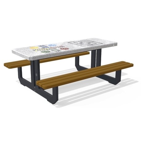 Betoninis šachmatų žaidimo stalas su suolais, šlifuotu terrazzo paviršiumi ir medinėmis sėdimomis dalimis 'Premium / 190x148xH/74cm / BS-250'