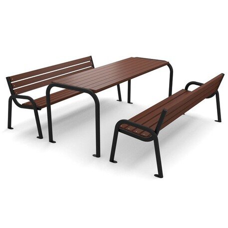 Metal picnic table with benches and wooden seating surfaces 'MBG_124 / Picnic_3'