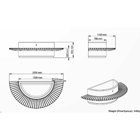 Pusapvalis betoninis vazonas su suolu ir medine sėdima dalimi '225/150x112,5/75xH/39,5/65cm / BS-298'