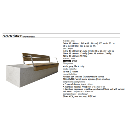 Betoninis suolas su atlošu ir medine sėdima dalimi 'Premium / Basic 60 / MDL_200/240/340cm'