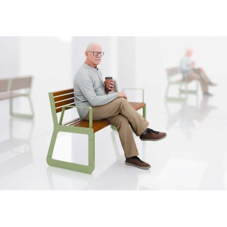 Panchina in metallo con schienale, realizzata in legno di Iroko 'Sido / 001606'