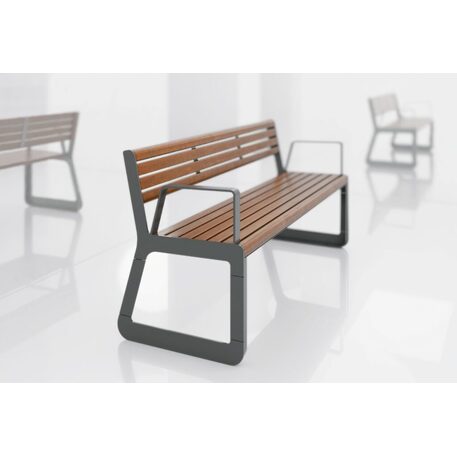 Panchina in metallo con schienale, realizzata in legno di Iroko 'Sido / 001606'