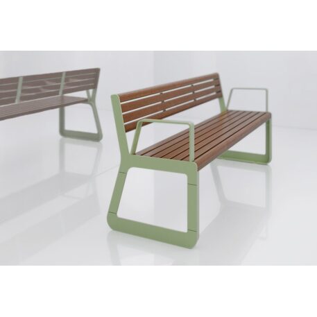 Panchina in metallo con schienale, realizzata in legno di Iroko 'Sido / 001606'