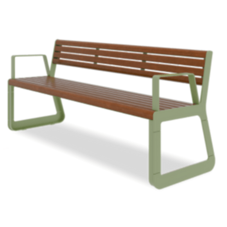 Panchina in metallo con schienale, realizzata in legno di Iroko 'Sido / 001606'
