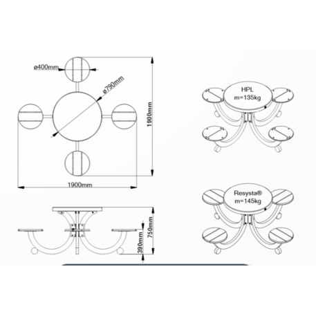 Betoninis pikniko stalas su keturiomis sėdimomis vietomis, šlifuotu terrazzo paviršiumi ir medinėmis sėdimomis dalimis 'Premium / 190x190xH/76cm / BS-425'