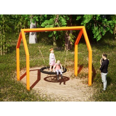 Moduliniai vaikų žaidimų aikštelių kompleksai 3–12 metų vaikams – kolekcija 'Frame / Ninja' MBG-Net swing house 02602 / Supynės 'Gandro lizdas'
