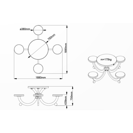 Betoninis pikniko stalas su keturiomis sėdimomis vietomis, šlifuotu terrazzo paviršiumi 'Premium / 188x188xH/75cm / BS-427'
