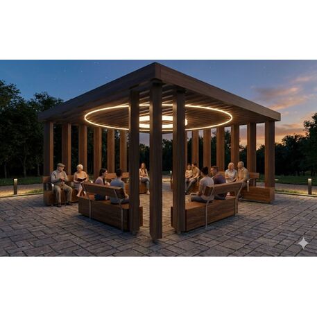 Lauko druskų kambarys (Haloterapija) su pergole ir suolais iš iroko medienos 'Premium Collection / STF/27-41-10/MDL'