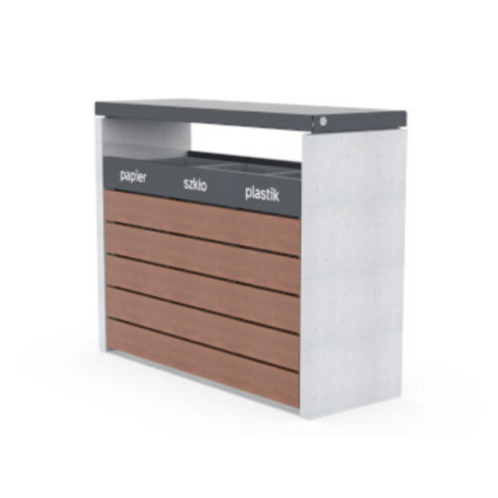 Concrete sorting waste bin with Iroko wood finish 'Deva 3x70L / 003704'