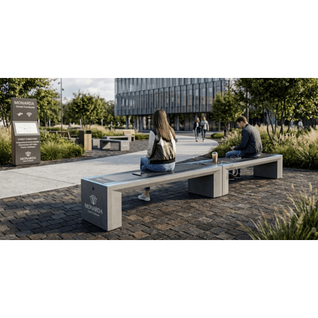 Išmanus suoliukas su saulės baterija, USB įkrovimu ir Smart City funkcijomis 'Smart Bench Rays'
