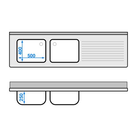 Edelstahltisch 200cm lang mit Spülbecken 2tlg. (50x40x25cm) und ein Regal 600mm tief