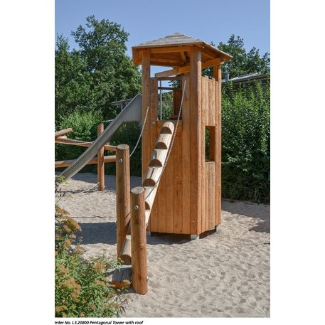 Children's playground element 'L3.20800 _Pentagonal Tower, larch and steel feet'