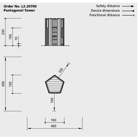 Children's playground element 'L3.20800 _Pentagonal Tower, larch and steel feet'