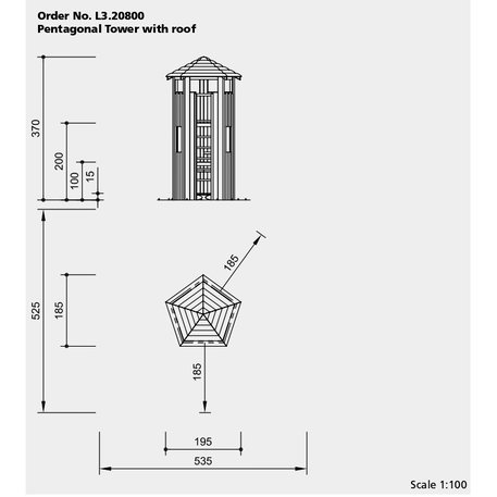 Children's playground element 'L3.20800 _Pentagonal Tower, larch and steel feet'