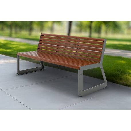 Panchina in metallo con schienale, realizzata in legno di Iroko 'Sido / 001603'