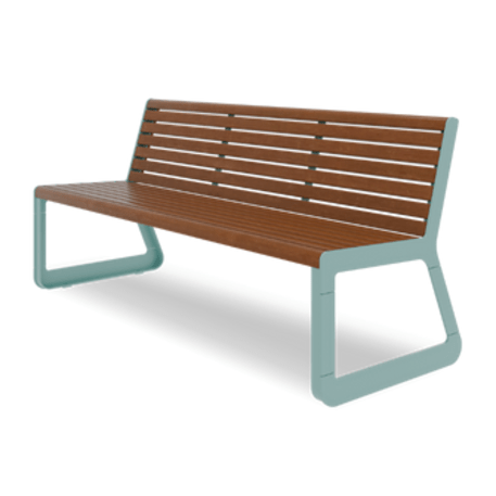 Panchina in metallo con schienale, realizzata in legno di Iroko 'Sido / 001603'