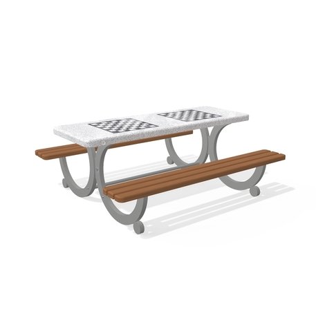 Betoninis šachmatų žaidimo stalas su suolais, šlifuotu terrazzo paviršiumi ir medinėmis sėdimomis dalimis 'Premium / 190x164xH/73cm / BS-416'
