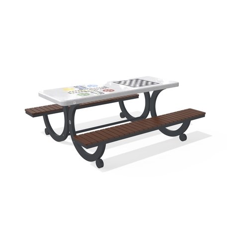 Betoninis šachmatų žaidimo stalas su suolais, šlifuotu terrazzo paviršiumi ir medinėmis sėdimomis dalimis 'Premium / 190x164xH/73cm / BS-416'