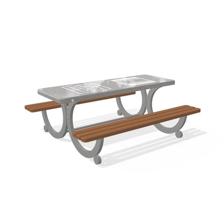 Betoninis šachmatų žaidimo stalas su suolais, šlifuotu terrazzo paviršiumi ir medinėmis sėdimomis dalimis 'Premium / 190x164xH/73cm / BS-416'