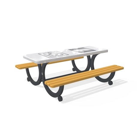 Betoninis šachmatų žaidimo stalas su suolais, šlifuotu terrazzo paviršiumi ir medinėmis sėdimomis dalimis 'Premium / 190x164xH/73cm / BS-416'