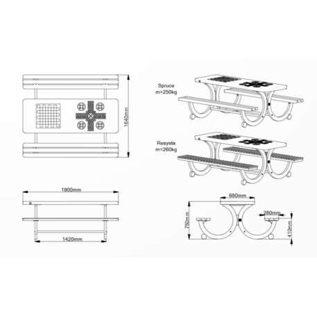 Betoninis šachmatų žaidimo stalas su suolais, šlifuotu terrazzo paviršiumi ir medinėmis sėdimomis dalimis 'Premium / 190x164xH/73cm / BS-416'