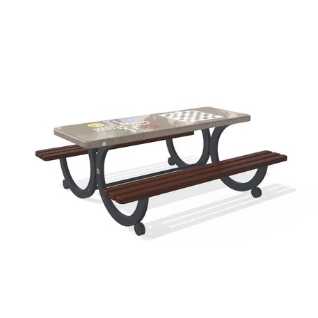 Betoninis šachmatų žaidimo stalas su suolais, šlifuotu terrazzo paviršiumi ir medinėmis sėdimomis dalimis 'Premium / 190x164xH/73cm / BS-416'