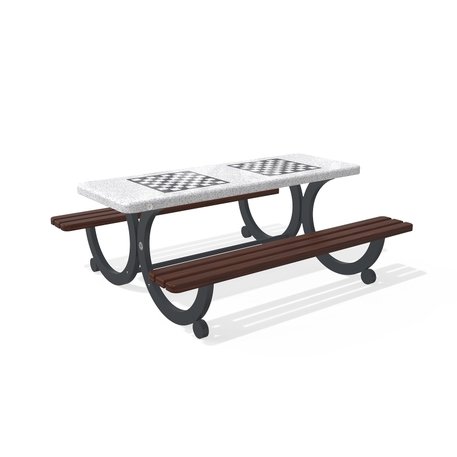 Betoninis šachmatų žaidimo stalas su suolais, šlifuotu terrazzo paviršiumi ir medinėmis sėdimomis dalimis 'Premium / 190x164xH/73cm / BS-416'