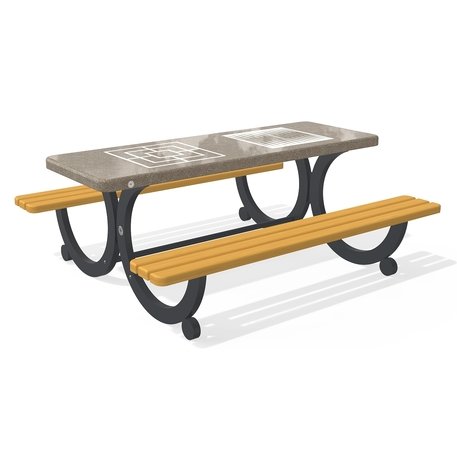 Betoninis šachmatų žaidimo stalas su suolais, šlifuotu terrazzo paviršiumi ir medinėmis sėdimomis dalimis 'Premium / 190x164xH/73cm / BS-416'