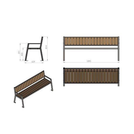 Металлическая скамейка со спинкой и деревянным сиденьем 'MBG/77-Fano I / 189cm'