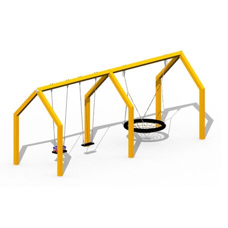 Moduliniai vaikų žaidimų aikštelių kompleksai 3–12 metų vaikams – kolekcija 'Frame / Ninja' MBG-Nest + Double swing house 02604