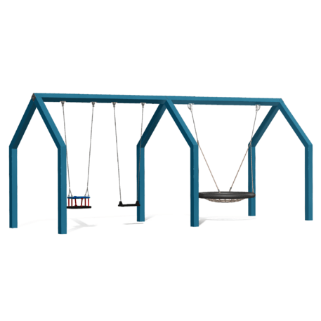Moduliniai vaikų žaidimų aikštelių kompleksai 3–12 metų vaikams – kolekcija 'Frame / Ninja' MBG-Nest + Double swing house 02604