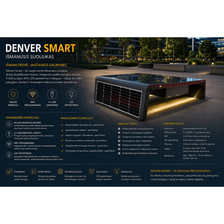 Išmanus suoliukas su saulės baterija, USB įkrovimu ir Smart City funkcijomis 'Denver Smart Bench'