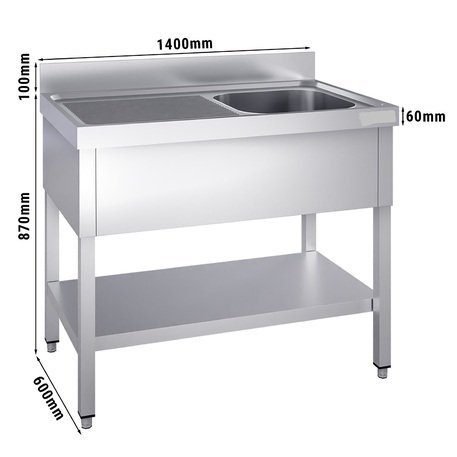 Edelstahltisch 140cm lang mit Spüle (50x40x25cm) und Ablage, 600mm tief