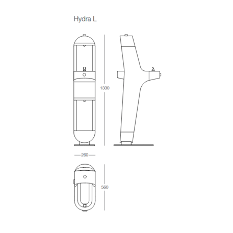 Metalinė geriamojo vandens kolonėlė su fontanu žmonėms, gertuve šunims ir butelių pripildymo funkcija 'Design Award 2024 / HYDRA L + DOGS'