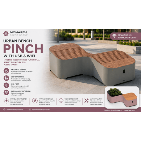 Modulare intelligente Stadtbank mit Pflanzgefäß, USB, WiFi und Okoumé-Holz 'Pinch_608-2M-F'