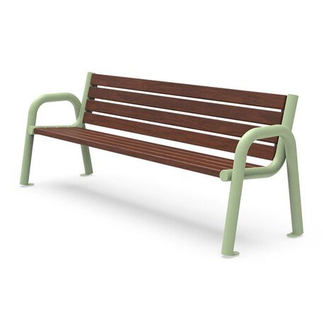 Panchina in metallo con schienale, realizzata in legno di Iroko 'Praga / 001220'