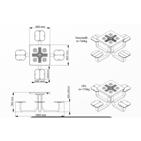 Betoninis šachmatų žaidimo stalas su keturiomis sėdimomis vietomis, šlifuotu terrazzo paviršiumi ir medinėmis sėdimomis dalimis 'Premium / 190x190xH/76cm / BS-420'
