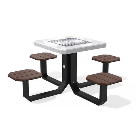 Betoninis šachmatų žaidimo stalas su keturiomis sėdimomis vietomis, šlifuotu terrazzo paviršiumi ir medinėmis sėdimomis dalimis 'Premium / 190x190xH/76cm / BS-420'