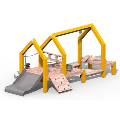 Moduliniai vaikų žaidimų aikštelių kompleksai 3–12 metų vaikams – kolekcija 'Frame / Ninja' MBG-Sand play Baking house Slide combination 02593