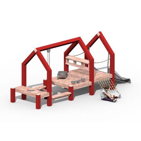 Moduliniai vaikų žaidimų aikštelių kompleksai 3–12 metų vaikams – kolekcija 'Frame / Ninja' MBG-Sand play Baking house Slide combination 02593