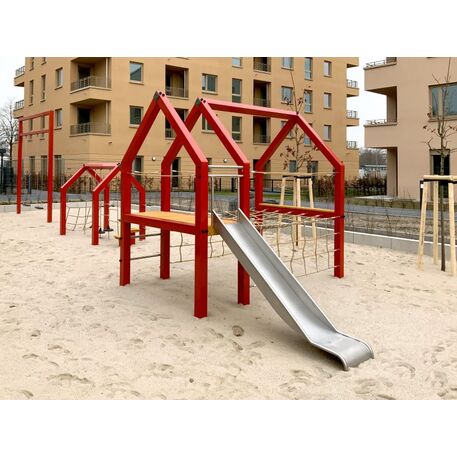 Moduliniai vaikų žaidimų aikštelių kompleksai 3–12 metų vaikams – kolekcija 'Frame / Ninja' MBG-Net house 02605